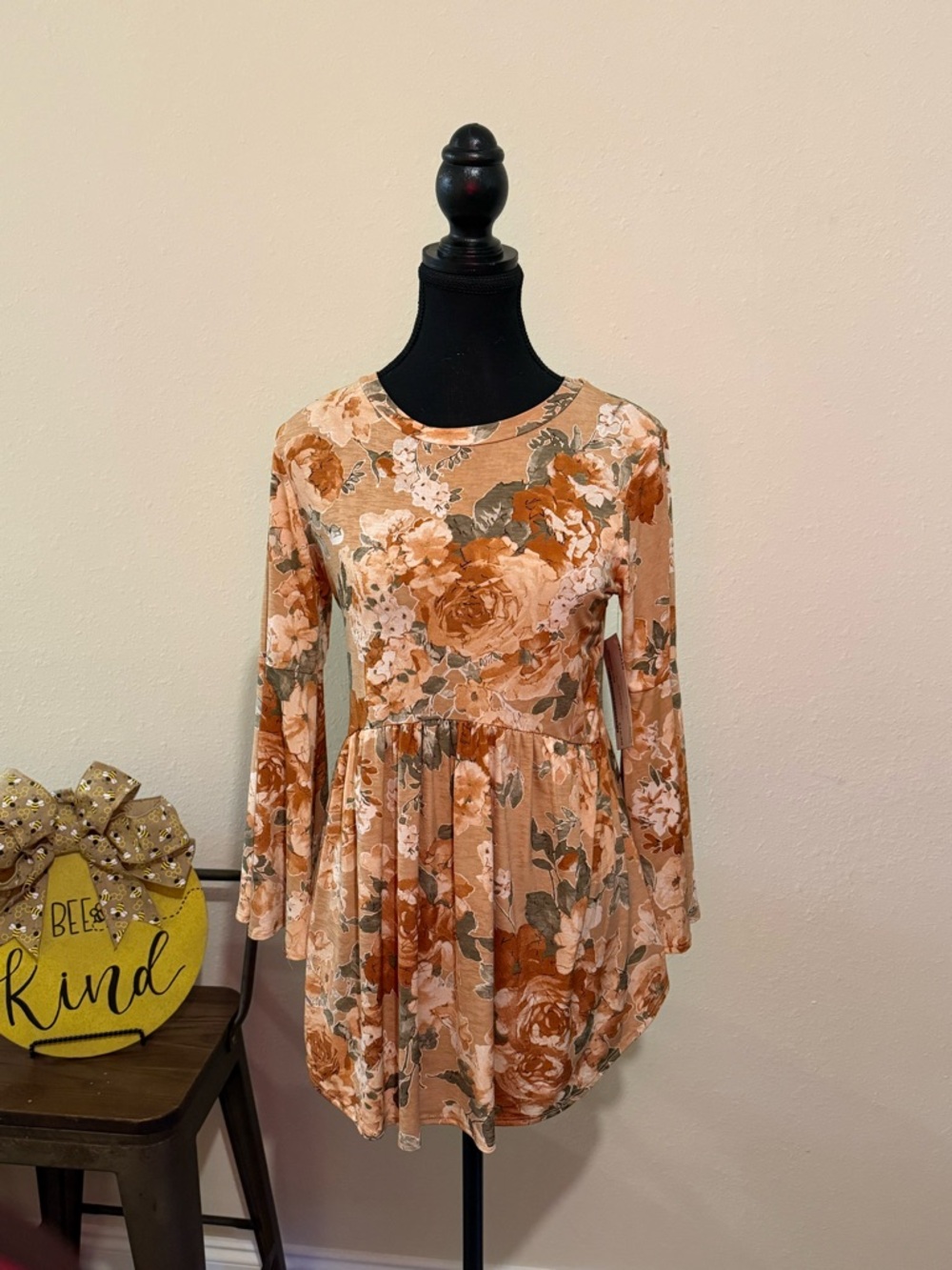 Floral Long-Sleeve Peplum Blouse in Peach